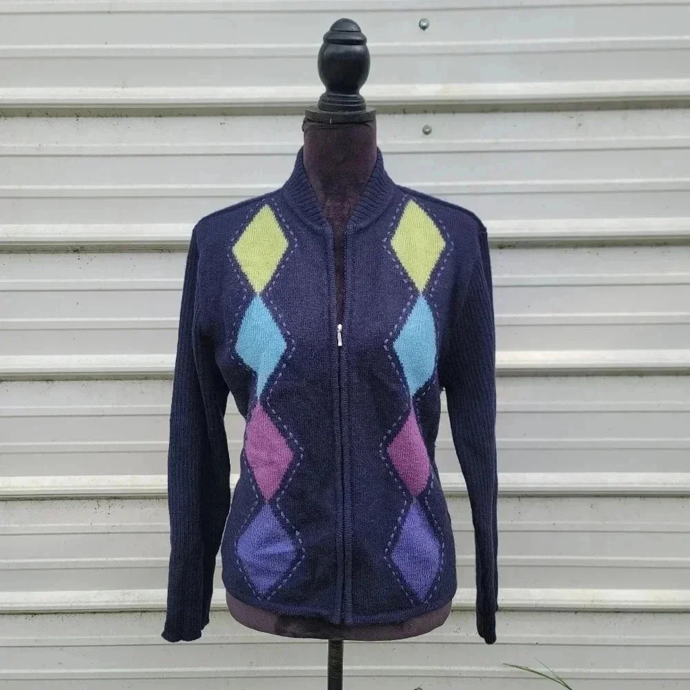 Zena Jeans Vintage Diamond Navy Blue Button Long Sleeve Cardigan Wool Warm PXL